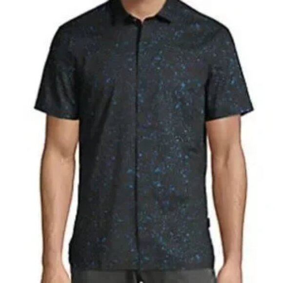 JOHN VARVATOS mens short sleeve collared shirt black with blue polka dots - Picture 1 of 8